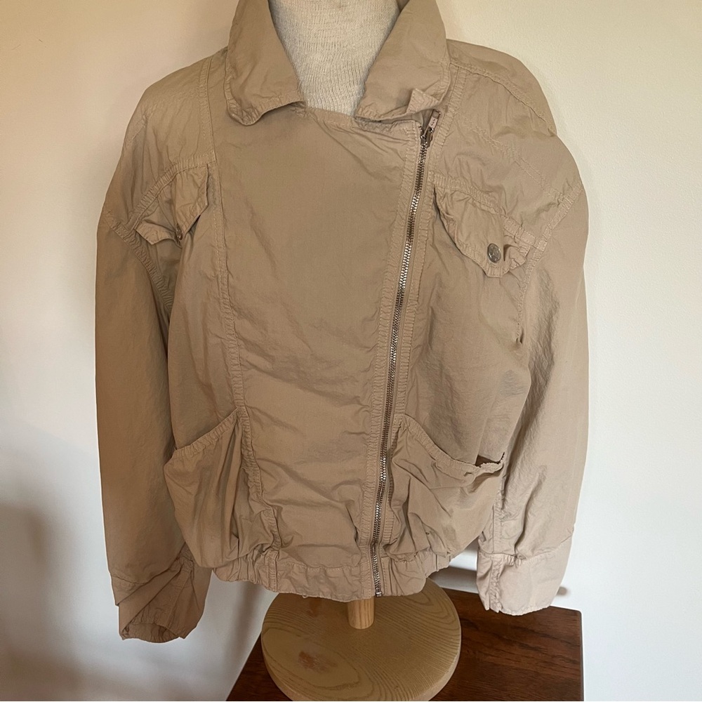 AMO Tan Bomber Jacket Asymmetrical Design Lightweight